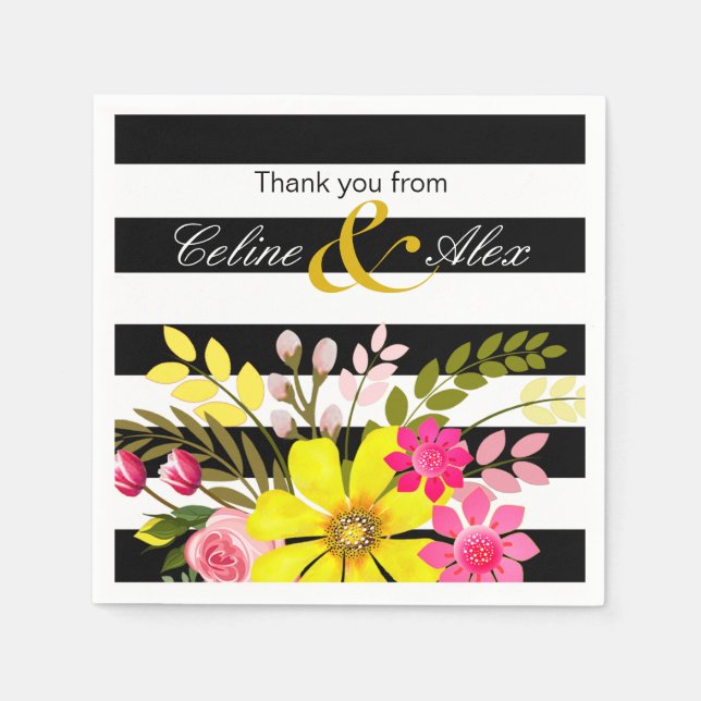Black & White Striped Folklore Flowers | yellow Paper Napkins (Front)