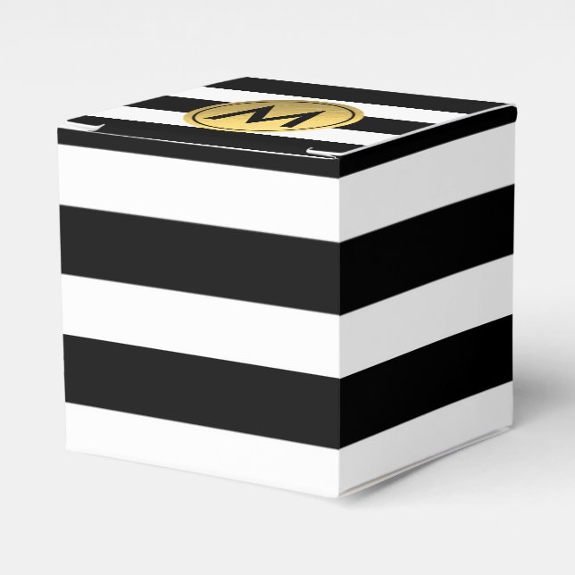 Black & White Striped Gold Foil Party Favor Boxes (Front Side)
