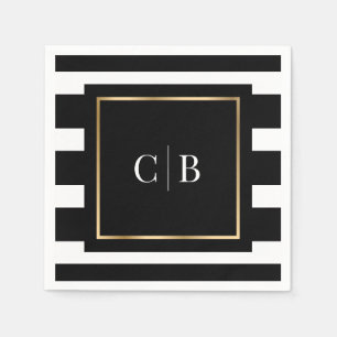 Black White Striped Gold Frame Monogram Wedding Napkins