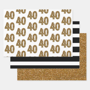 Black White Striped Gold Glitter 40th Birthday Wrapping Paper Sheets