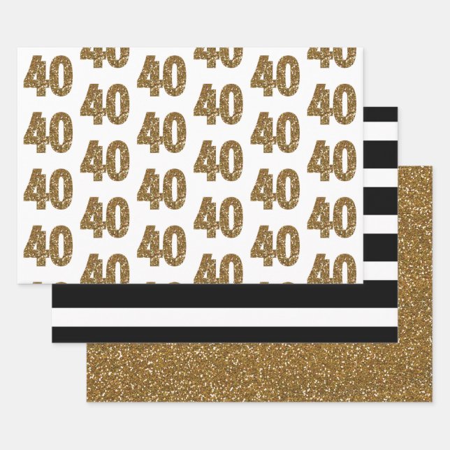 Black White Striped Gold Glitter 40th Birthday Wrapping Paper Sheets (Set)