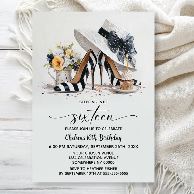 Black White Striped High Heel Shoes 16th Birthday Invitation (Creator Uploaded)