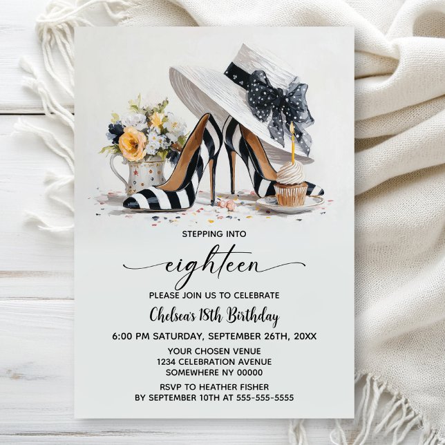 Black White Striped High Heel Shoes 18th Birthday Invitation (Creator Uploaded)