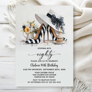 Black White Striped High Heel Shoes 80th Birthday Invitation
