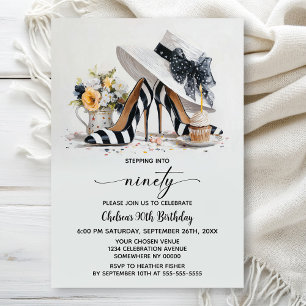 Black White Striped High Heel Shoes 90th Birthday Invitation