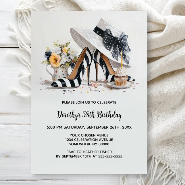 Black White Striped High Heel Shoes Birthday Party Invitation (Creator Uploaded)