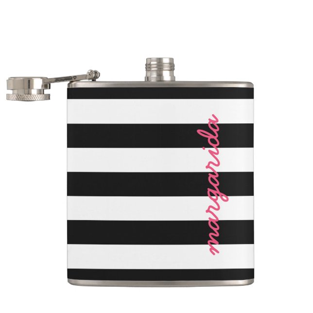 Black White Striped Hot Pink Personalized Name Flask (Opened)