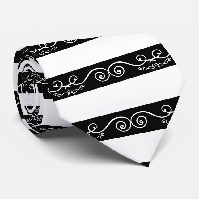 Black White striped Monogram design Neck Tie (Rolled)