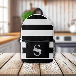 Black & White Striped Monogram Initial Name Printed Backpack