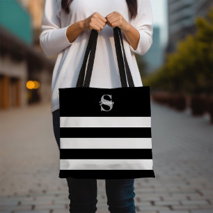 Black & White Striped Monogram Initial Name Tote Bag