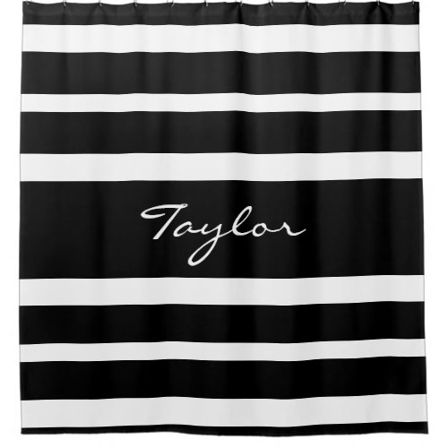 Black White Striped Monogram Name Custom Elegant Shower Curtain