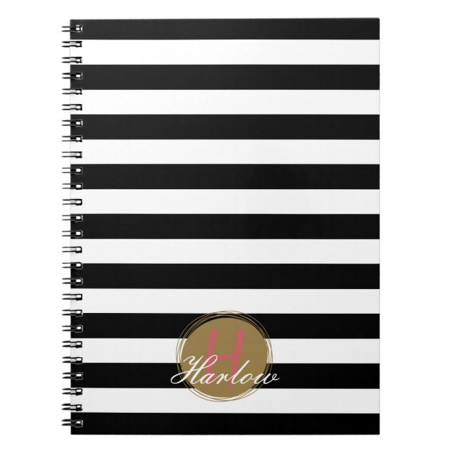 Black & White Striped Monogram Spiral Notebook (Front)