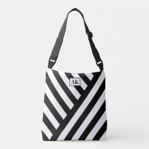 Black  White Striped Monogram Tote Bag