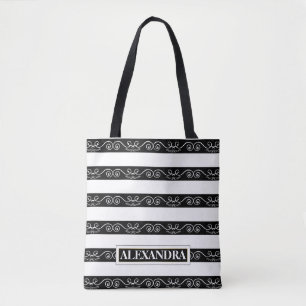 Black White striped Monogram Tote Bag