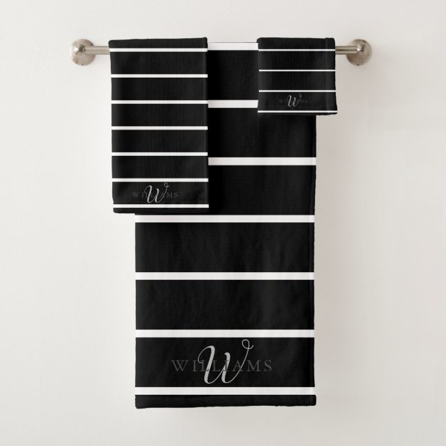 Black White Striped Monogrammed Chic Masculine Bath Towel Set (Insitu)