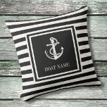 Black White Striped Nautical Anchor Boat Name Outdoor Pillow<br><div class="desc">A nautical design featuring an anchor,  stylish black and white stripes,  and can be personalized with your boat name. Designed by Thisisnotme©</div>