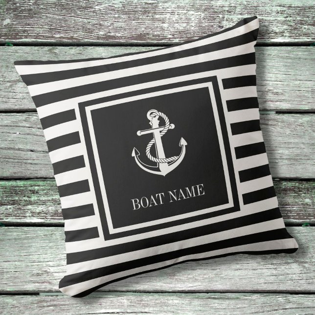 Black White Striped Nautical Anchor Boat Name Outdoor Pillow (Creator Uploaded)