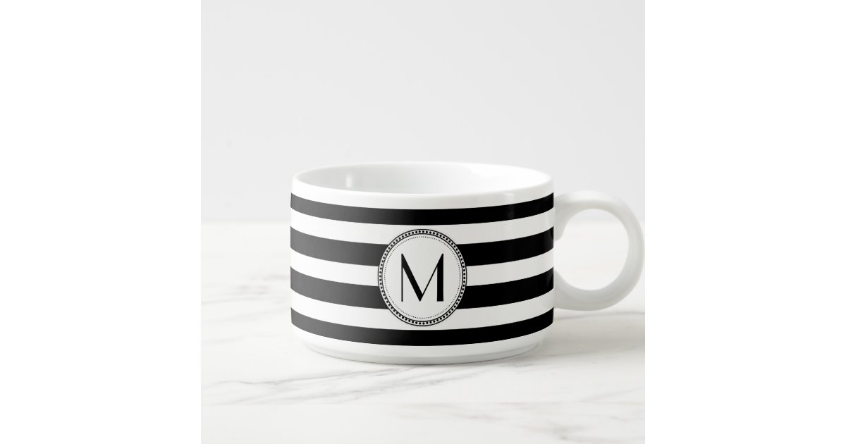 Black | White Striped Pattern Monogram Bowl | Zazzle