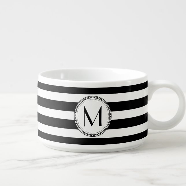 Black | White Striped Pattern Monogram Bowl (Left)