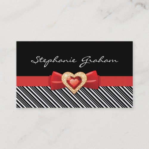 Black white striped pattern with red bow and jewel business card