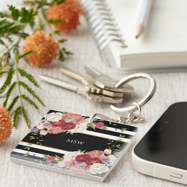 Black White Striped Peonies & Gold Personalized Keychain (Front Right)