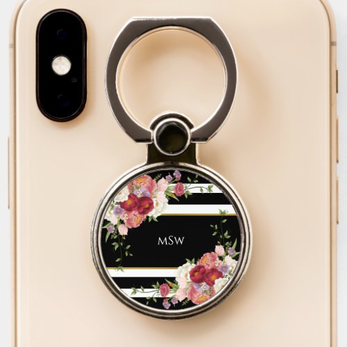 Black White Striped Peonies  Gold Personalized Phone Ring Stand