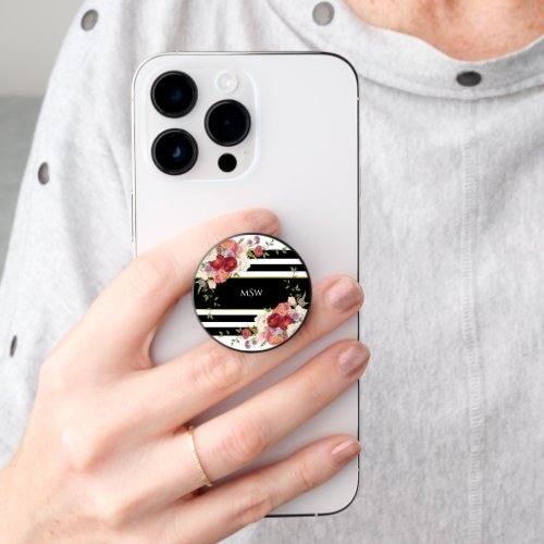 Black White Striped Peonies  Gold Personalized PopSocket
