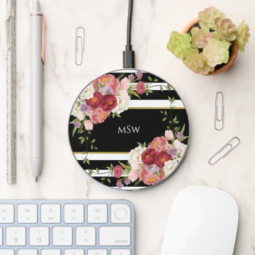 Black White Striped Peonies  Gold Personalized Wireless Charger