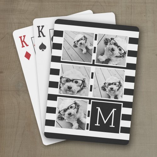 Black White Striped Photo Collage Custom Monogram Poker Cards