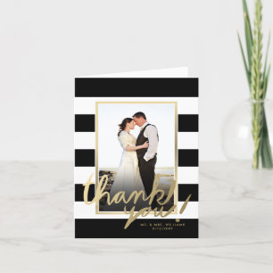 Black White Striped Photo Faux Gold Thank You Card