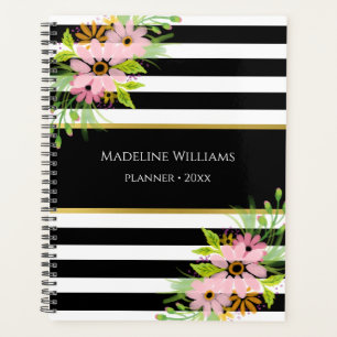 Black White Striped Pink Floral Gold 2026 Planner