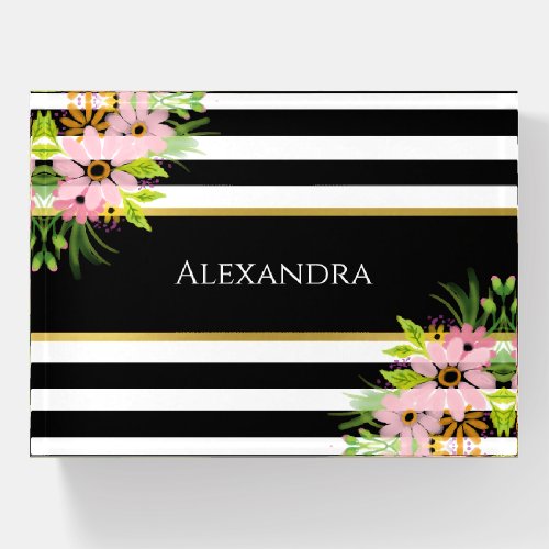 Black White Striped Pink Floral Gold Personalized Paperweight