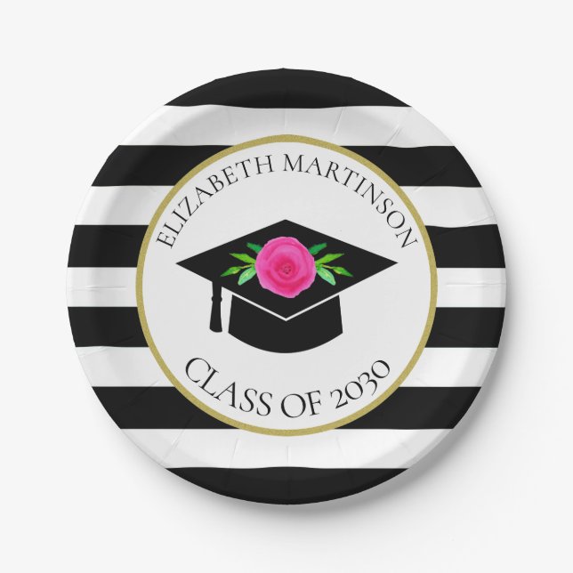Black White Striped Pink Floral Graduation Party Paper Plates (Front)