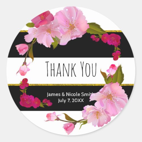 Black  White Striped Pink Floral Wedding Favor Classic Round Sticker