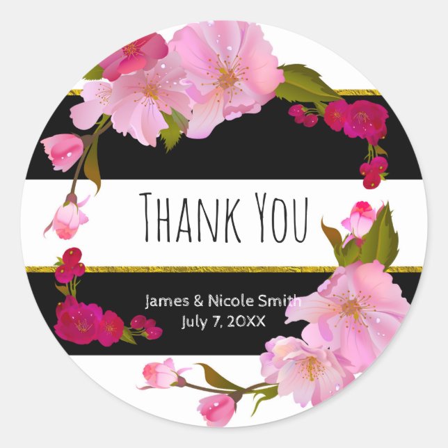 Black & White Striped Pink Floral Wedding Favor Classic Round Sticker (Front)