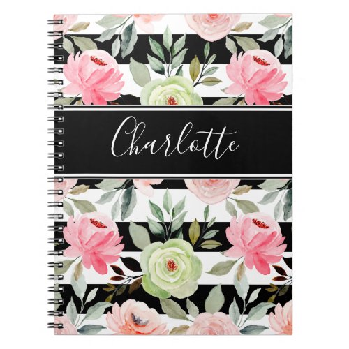 Black White Striped Pink Lime Floral Script Name Notebook