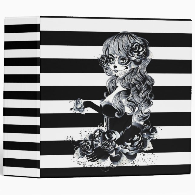 Black & White Striped Pretty Sugar Skull Girl 3 Ring Binder (Front/Spine)