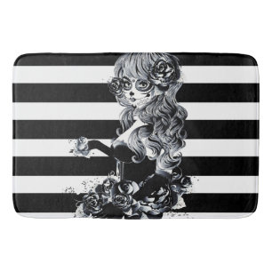 Black & White Striped Pretty Sugar Skull Girl Bath Mat