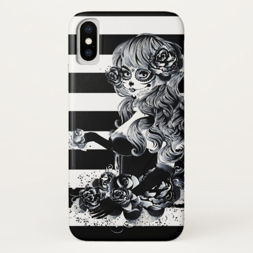 Black  White Striped Pretty Sugar Skull Girl iPhone XS Case
