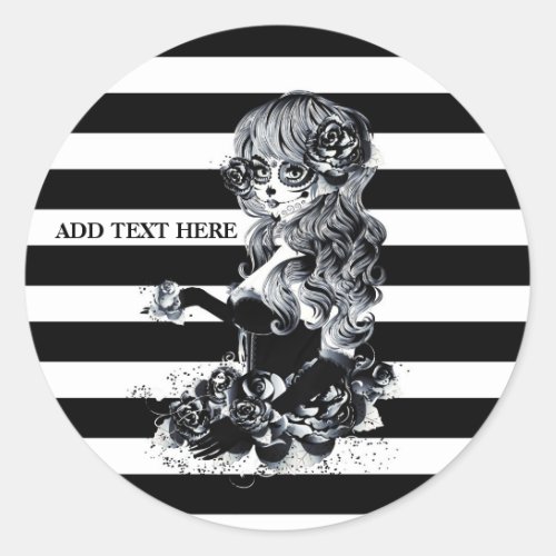 Black  White Striped Pretty Sugar Skull Girl Classic Round Sticker