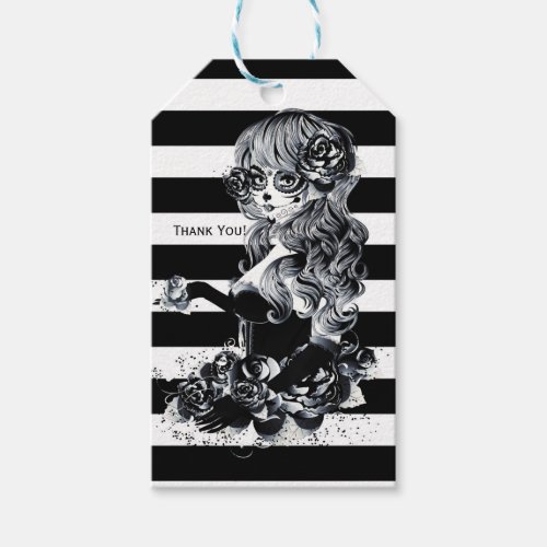 Black  White Striped Pretty Sugar Skull Girl Gift Tags