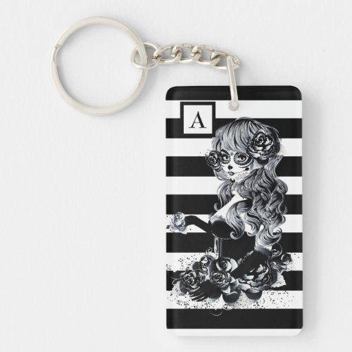 Black  White Striped Pretty Sugar Skull Girl Keychain