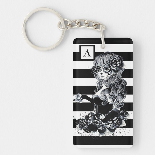 Black & White Striped Pretty Sugar Skull Girl Keychain (Front)