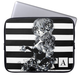 Black &amp; White Striped Pretty Sugar Skull Girl Laptop Sleeve