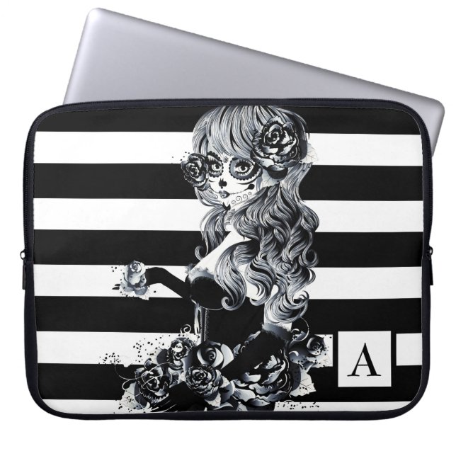 Black & White Striped Pretty Sugar Skull Girl Laptop Sleeve (Front)