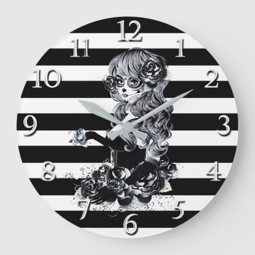 Black  White Striped Pretty Sugar Skull Girl Large Clock