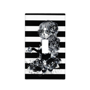 Black & White Striped Pretty Sugar Skull Girl Light Switch Cover