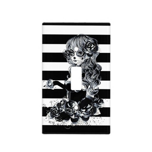 Black  White Striped Pretty Sugar Skull Girl Light Switch Cover