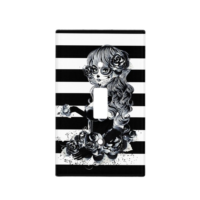 Black & White Striped Pretty Sugar Skull Girl Light Switch Cover (Front)