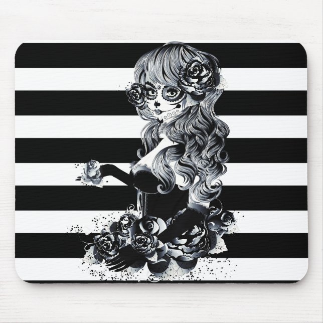 Black & White Striped Pretty Sugar Skull Girl Mouse Pad (Front)